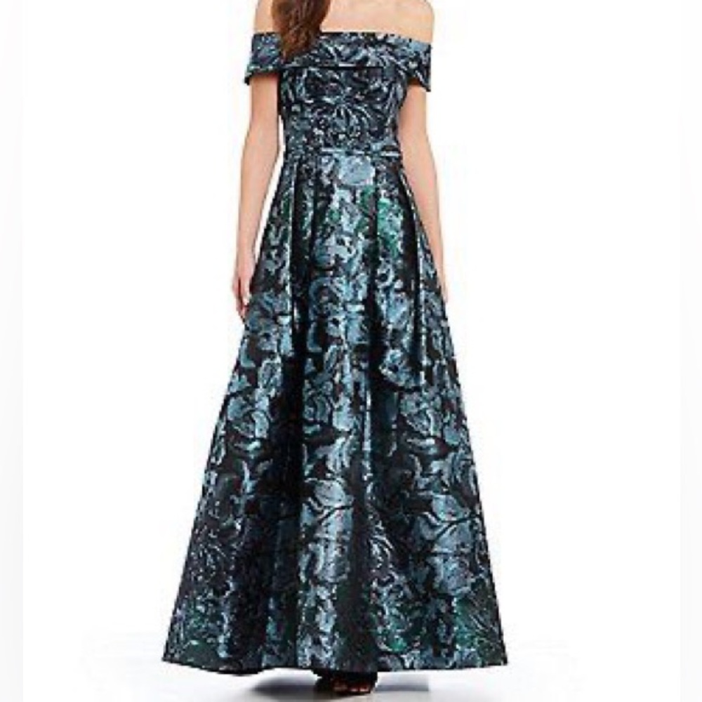 Elegant Calvin Klein Off-Shoulder Blue Green and Black Evening Gown. Worn once